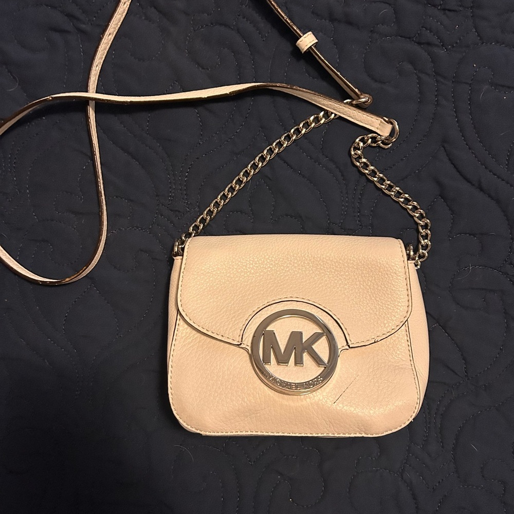 Michael Kors White Leather Crossbody with Silver MK Emblem